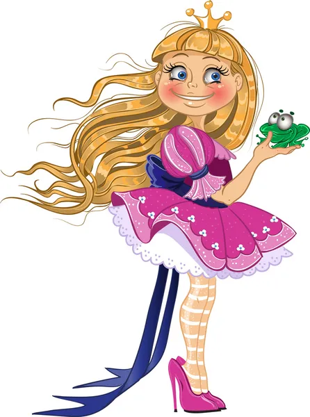Маленькая блондинка принцесса в розовом платье с лягушкой — стоковый вектор