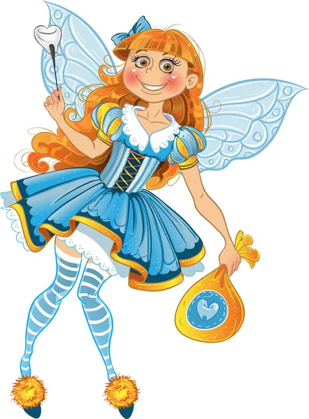 Little tooth fairy with bag of tooth with wings — Stock Vector