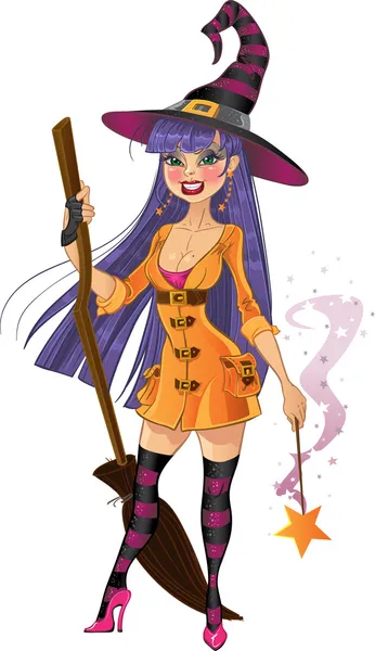 Young witch with magic wand and broom — Stock Vector