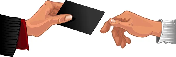 Männliche Hand reicht schwarze Visitenkarte an andere männliche Hand weiter — Stockvektor
