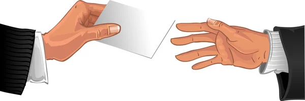Αρσενικό χέρι περάσει επαγγελματικής κάρτας σε άλλη αρσενικό — Διανυσματικό Αρχείο