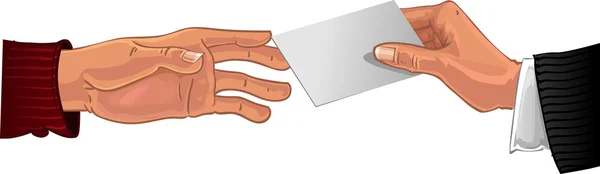 Männliche Hand reicht weiße Visitenkarte an andere männliche Hand weiter — Stockvektor