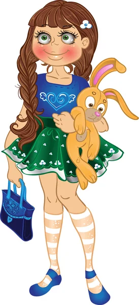 Girl with yellow bunny and bag — Stock Vector
