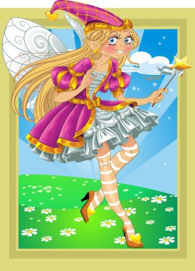 Fairy in Pink dress on fairytale landscape clipart