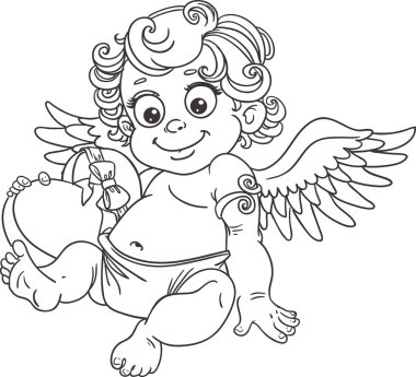 Fun cupid with box of candy black outline for coloring clipart