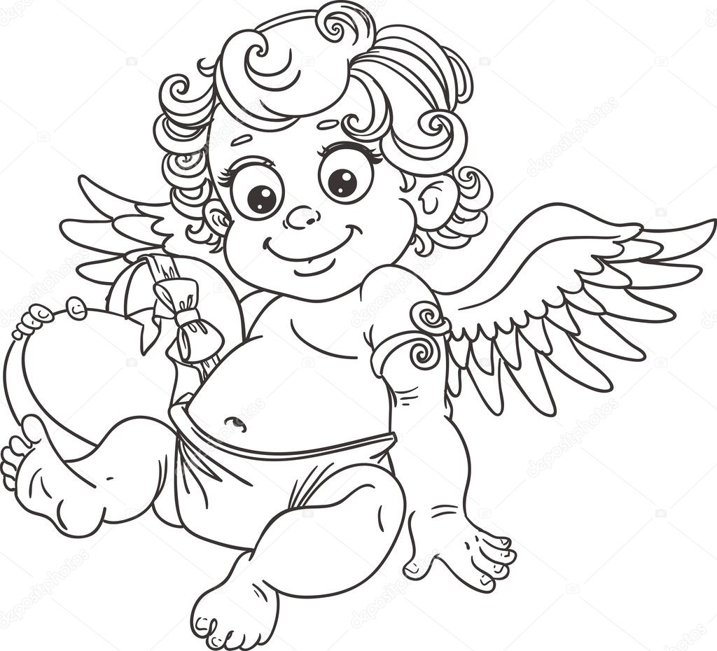 Fun cupid with box of candy black outline for coloring