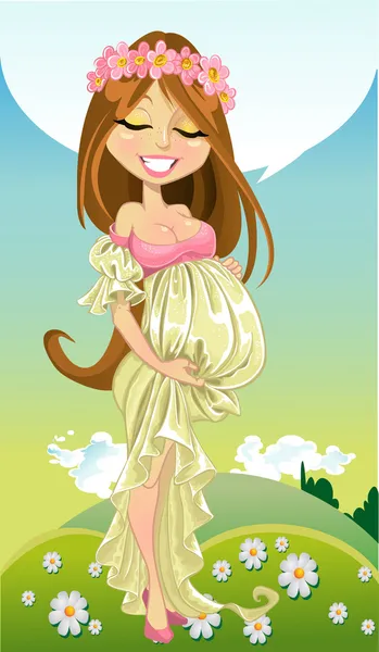 Femme enceinte rêveuse en robe longue sur fond de printemps avec zone de texte — Image vectorielle