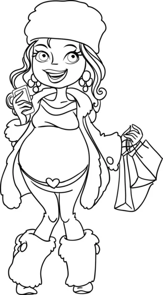 Pregnant woman in winter wear in black outline for coloring — Stock Vector