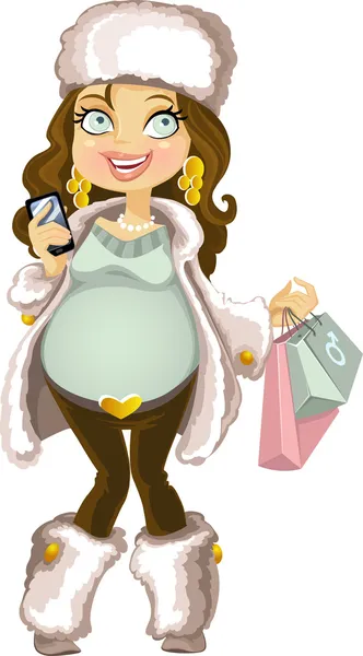 Pregnant woman in winter wear with phone and shopping bag — Stock Vector