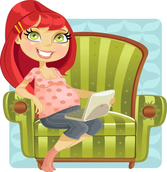 Беременная женщина онлайн покупатель в зеленое кресло — стоковый вектор
