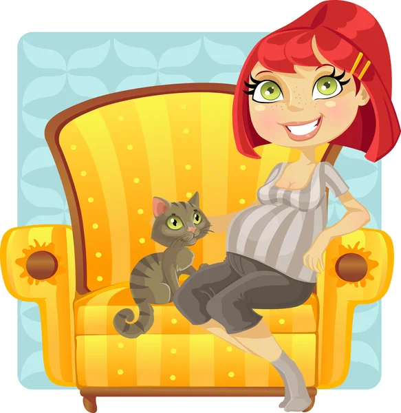 Pretty pregnant woman with cat — Stock Vector