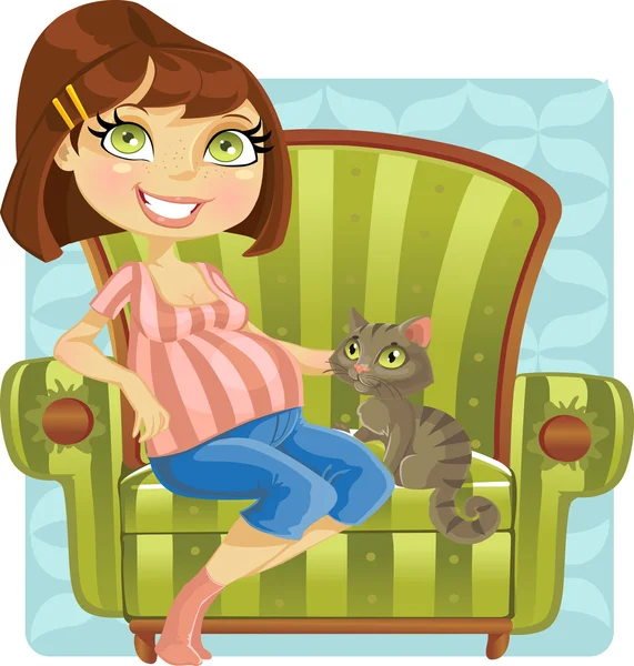 漂亮孕妇与绿色扶手椅的那只猫 — 图库矢量图片