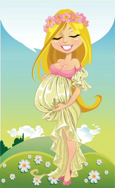 Dromen van de zwangere vrouw in lange jurk op lente achtergrond — Stockvector