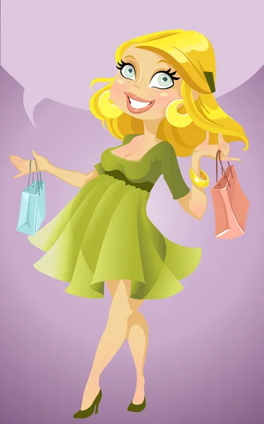 Pretty pregnant woman with shopping bags and speech bubble — Stock Vector