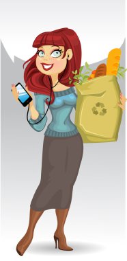 Woman with the health food package and phone clipart