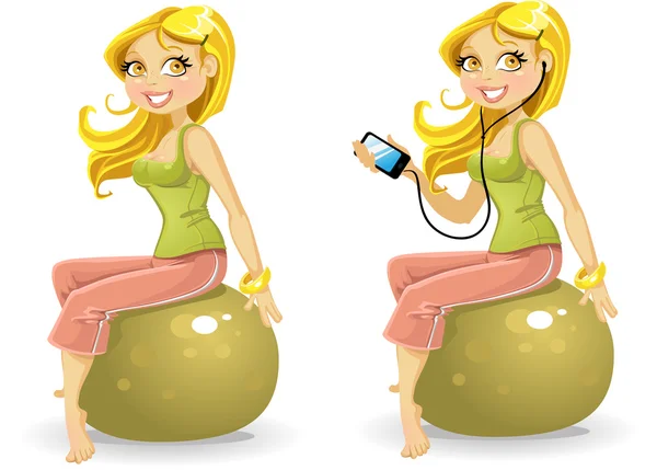 Jolie femme avec téléphone à la balle de gym — Image vectorielle