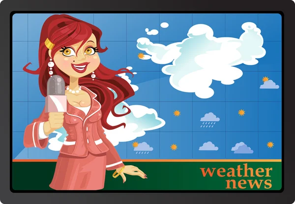 Reporter fille en rose dire nouvelles météo — Image vectorielle
