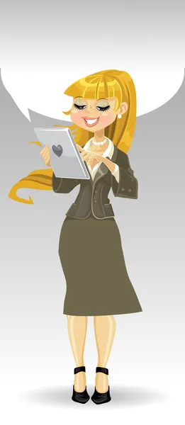 Ξανθιά κοπέλα με δισκίο υπολογιστή και ομιλία φούσκα — Διανυσματικό Αρχείο