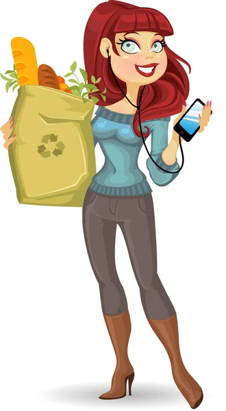 Femme avec le paquet d'aliments santé et téléphone — Image vectorielle