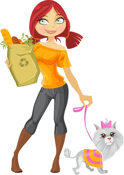 Bastante pelirroja chica con perro pequeño y comida saludable — Vector de stock