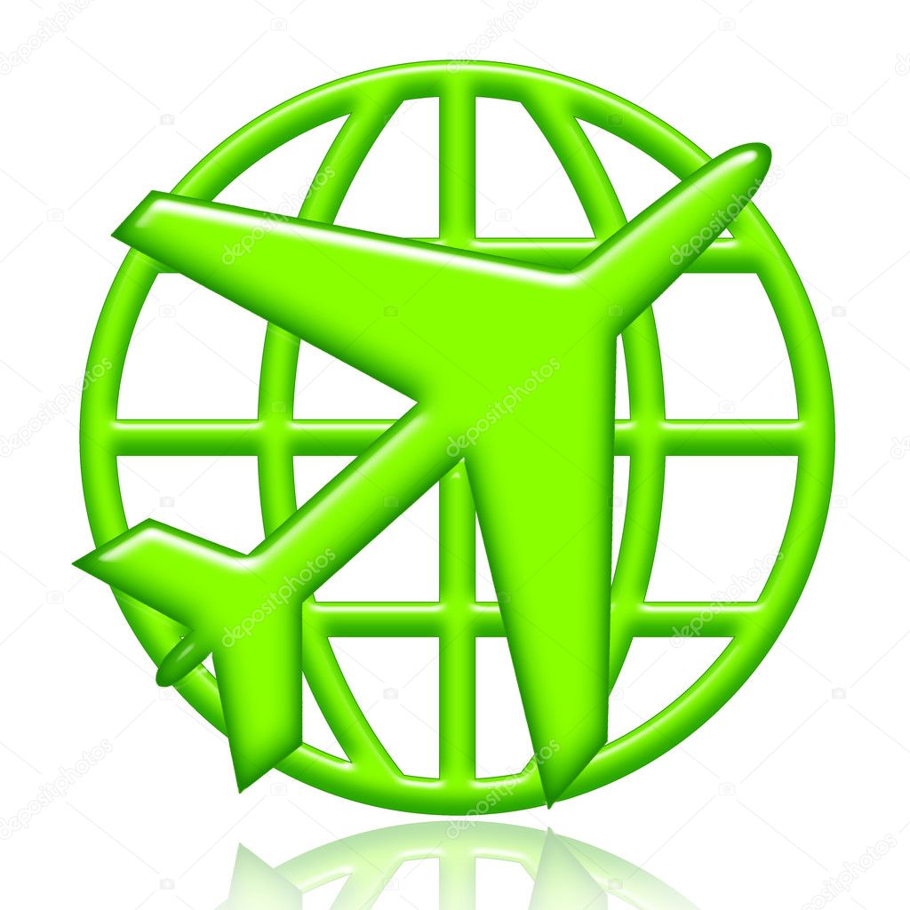 Airplane travel around the world, green illustration isolated over white background