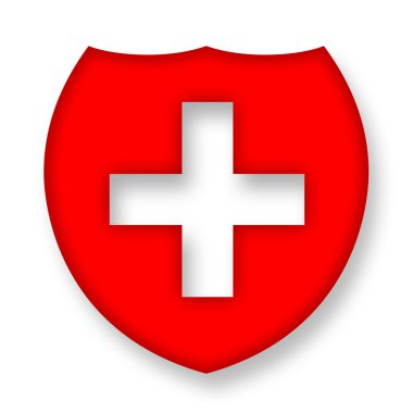 Red medical shield with cross over white background clipart