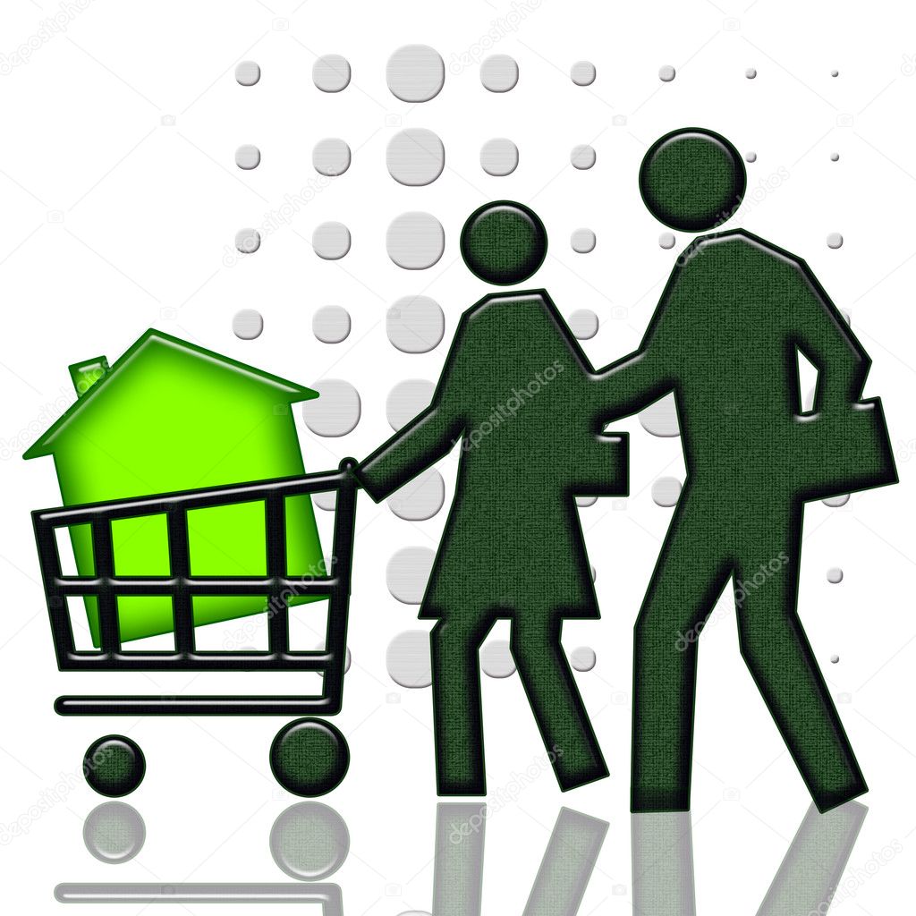 Consumers with green house in shopping cart isolated over white background