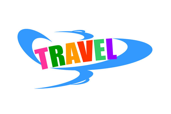 Air travel concept with airplane and colorful travel word isolated over white background