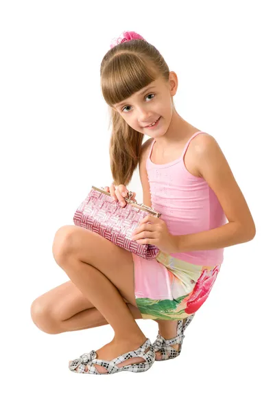A menina com uma bolsa rosa — Fotografia de Stock