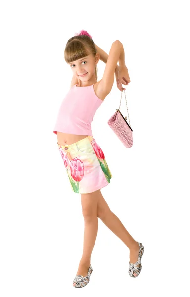 Flickan med en rosa handväska — Stockfoto