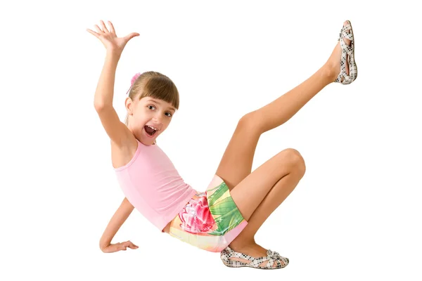 Das Verspielte Mädchen Pinkfarbener Bluse Wird Auf Weißem Hintergrund Fotografiert — Stockfoto