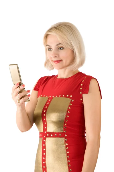 Lady Red Photographed Mobile — Stock Photo, Image