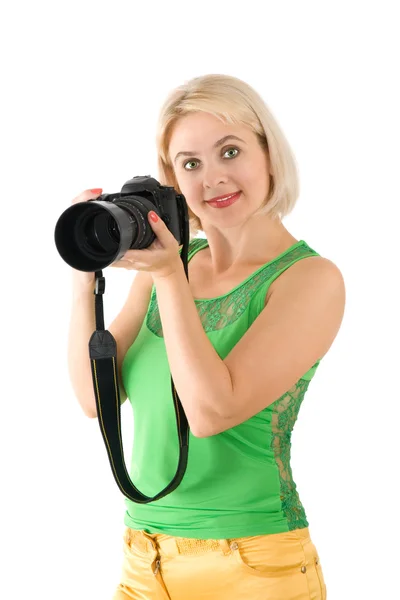 Die Dame Fotografin Wird Auf Weißem Hintergrund Fotografiert — Stockfoto