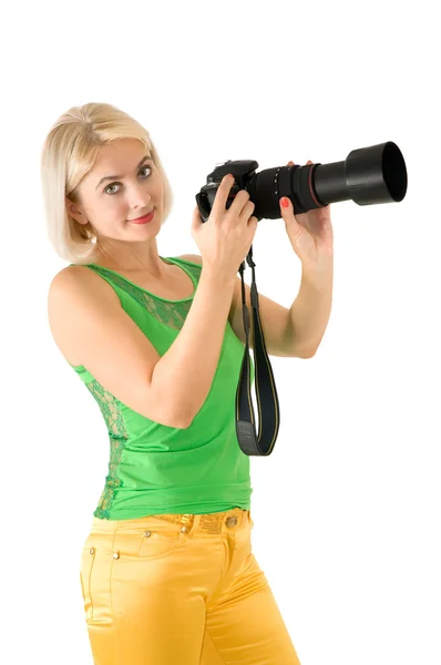 Die Dame Fotografin Wird Auf Weißem Hintergrund Fotografiert — Stockfoto
