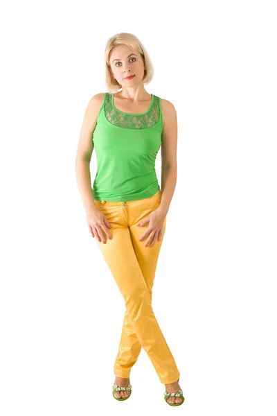 The beautiful woman in a green blouse — Stock Photo, Image
