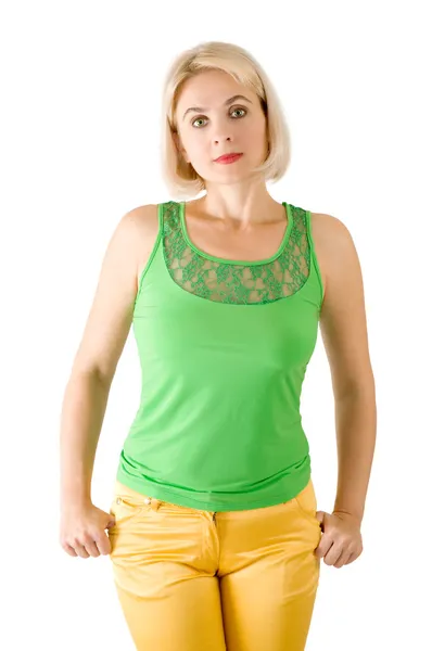The beautiful woman in a green blouse — Stock Photo, Image