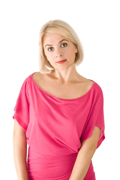 美丽的女人穿着粉色衣服拍照白色背景上 — 图库照片