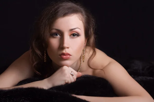 Beautiful Stylish Woman Jewelry Lies Black Fur — Stock Photo, Image