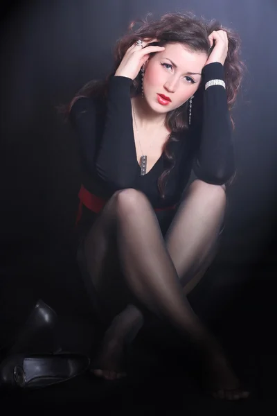 Beautiful Girl Black Dress Sitting Floor — Stock Photo, Image