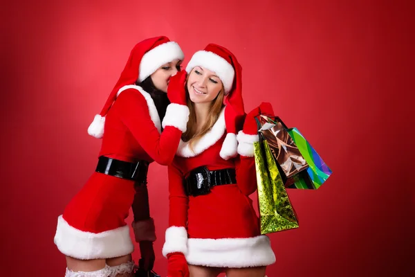 Wo happy young Santa girl talking — Stock Photo, Image