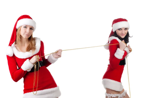 Two girl friends in christmass costumes. — Stock Photo, Image