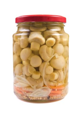 Marinaded mushrooms in a glass jar .