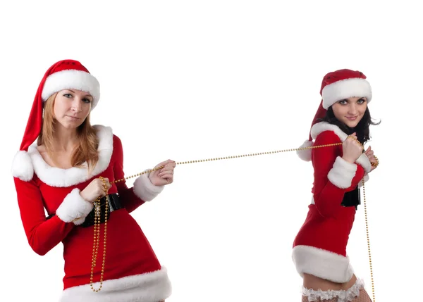 Two girl friends in christmass costumes. — Stock Photo, Image