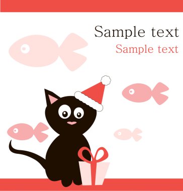 Black cat in santa's hat with gift clipart