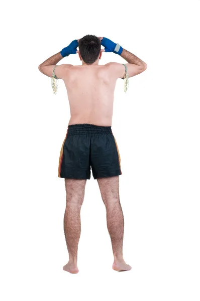 Boxer em shorts parece longe. vista traseira. — Fotografia de Stock