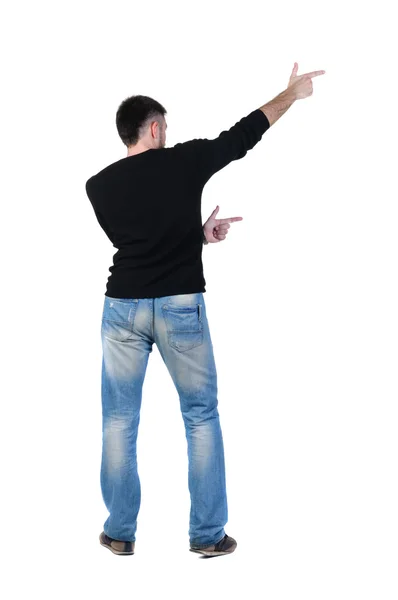 Young Man Pointing Wall Rear View Isolated White — Stock Fotó