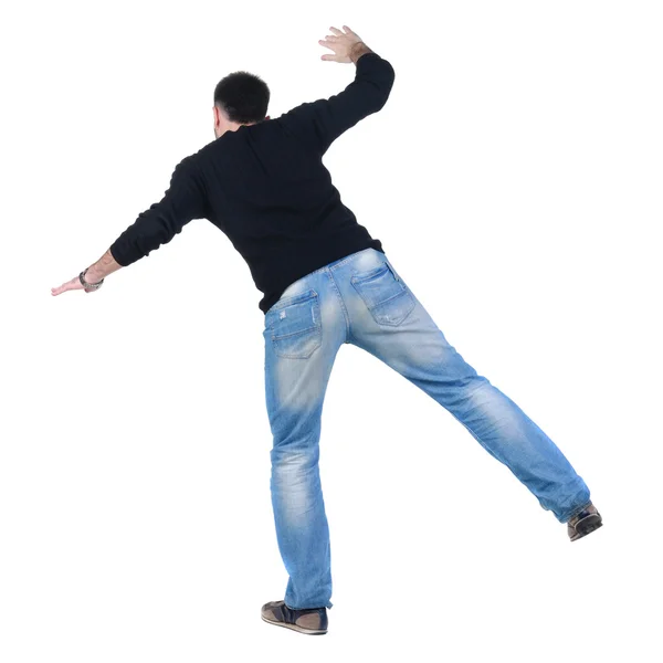 Balancing Young Man Jacket Rear View Isolated White — Stock Photo, Image