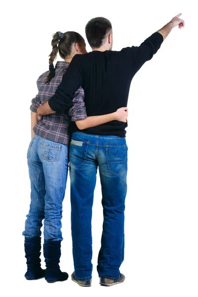 Young Couple Looks Rear View Isolated White — Stock Photo, Image