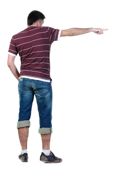 Young Man Pointing Wall Rear View Isolated White — 스톡 사진