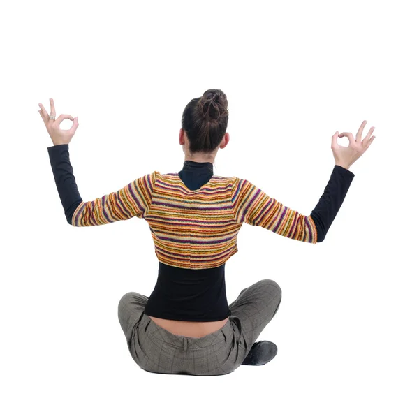 Beautiful Businesswoman Exercising Yoga Rear View Isolated White Background — Stockfoto